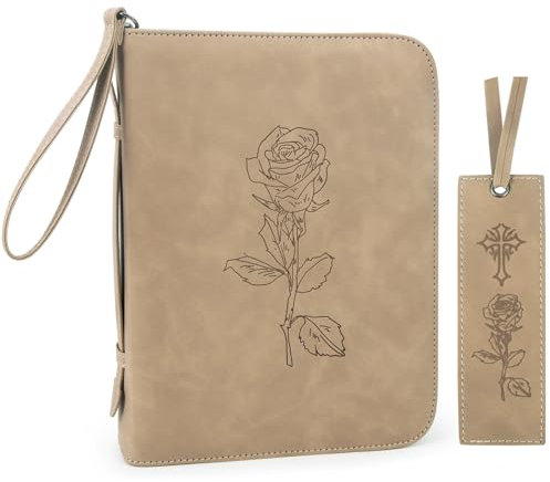 Leder-Bibelhülle für Damen und Herren, Damen-Bibeletui mit Rose, Lesezeichen, Tragetasche, Tragetasche mit Gurt, persönliche Größe, Buch-Organizer für Tagebuch, Bibel-Khaki