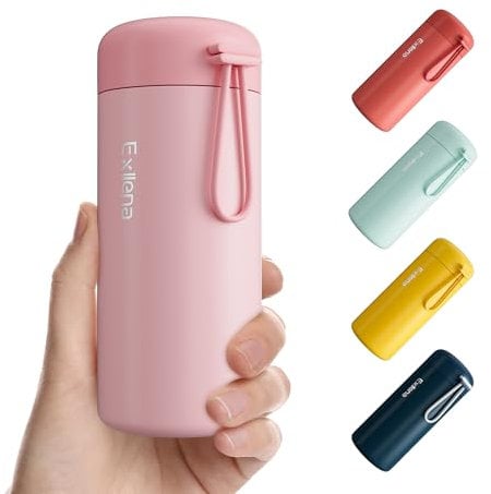 Exllena Botella de agua pequeña de 300 ml hecha de acero inoxidable 304, termo pequeño con asa de transporte, aislamiento al vacío de doble pared para bebidas frías y calientes para bolso, 100% a