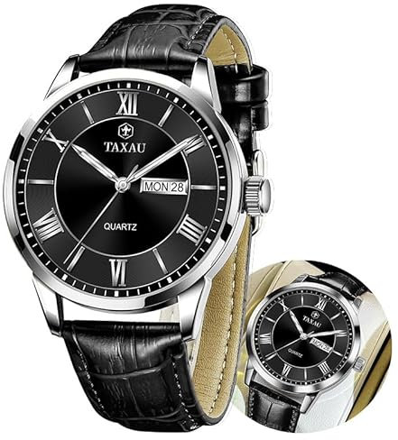 Taxau Uhren Herren Business Freizeit Uhr Römische Ziffern Herren Armbanduhr Watch Mit Datums- Und Tagesanzeige Schwarzes Armband Schwarzes Zifferblatt Watches for Men