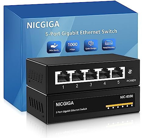 NICGIGA Switch Gigabit Ethernet a 5 porte non gestito, splitter Ethernet di rete, montaggio da tavolo o a parete, senza ventola, plug and play, alloggiamento in metallo, mini body