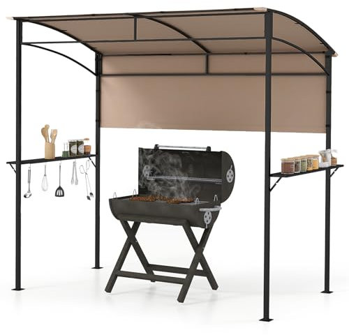 SPOTRAVEL BBQ Grill Gazebo, Outdoor BBQ Shelter with Side Shelf & 5 Hooks, Metal Frame Sunshade Awning Canopy Tent for Garden Patio Backyard (Brown, 239 x 108cm, with Extra Shadow)
