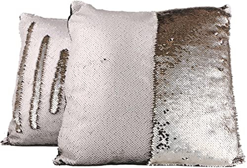 Jungengel 4er Set Pailletten Kissenbezüge 40x40 cm – Bi-Color Glitzerkissen – Dekokissen für Sofa & Bett (Weiß & Champagner)