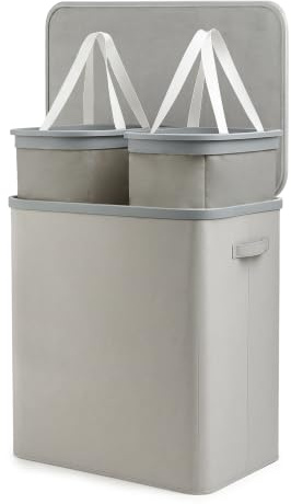 Keplin Collapsible Double Laundry Basket with Lid & Removable Liner – 150L 2-Compartment Clothes Sorter, Fabric Laundry Hamper with Handles, Easy Assembly, Stylish Storage for Home, 56x40x67cm, Grey