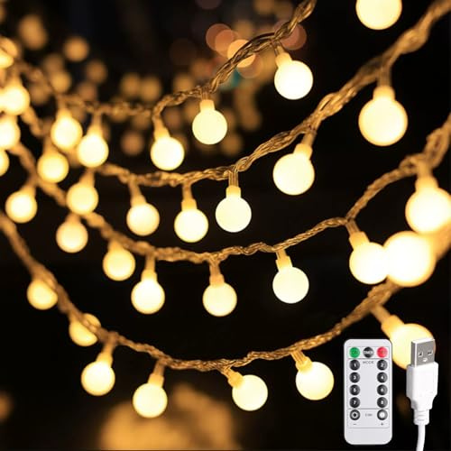 USB Lichterkette Innen,15M 100LED Kugel Lichterkette Warmweiß,Lichterkette Außen Innen,Outdoor Strom Lichterketten mit 8 Modi und Timer Funktion,Ideal für Kinderzimmer,Gartenbeleuchtung,Party