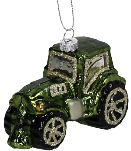 HD Collection Christbaumschmuck Glas 9,5cm - Traktor Figur zum Aufhängen - handbemalt & mit Glitzer - Weihnachtsbaum Anhänger für Weihnachten - Christbaumanhänger & Weihnachtsbaumschmuck - Grün