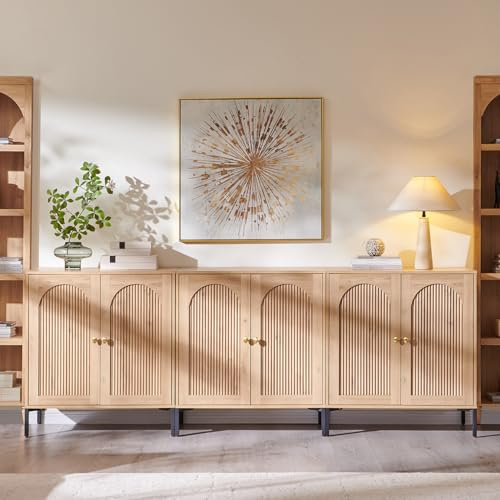 IFGET Modern Buffet Cabinet with Storage, 92.63 W Fluted Arched Sideboard Cabinet w/Adjustable Shelves, Wooden Modular Coffee Bar for Dining Room, Kitchen, Living Room, Entryway, Natural