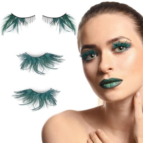 Faux cils pour carnaval, 2 paires faux cils verts en plumes pour fêtes, cosplay, soirées à thème, carnaval, bal masqué, scène, Halloween