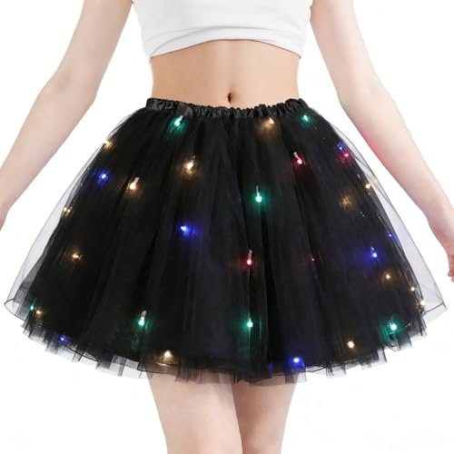 Tüllrock LED Damen- Rock Tutu mit Lichterkette Beleuchtung 4 Lagig 80er Tütü Rock Kurz Teen Dance Party Dress Up Klassisch Party Kostüm Vintage Ballett Tanzkleidung Fancy Helloween Fasching Karneval