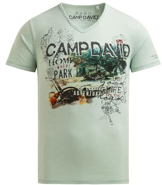 Camp David Herren T-Shirt mit V-Neck und Photoprint Faded Mint, 4XL