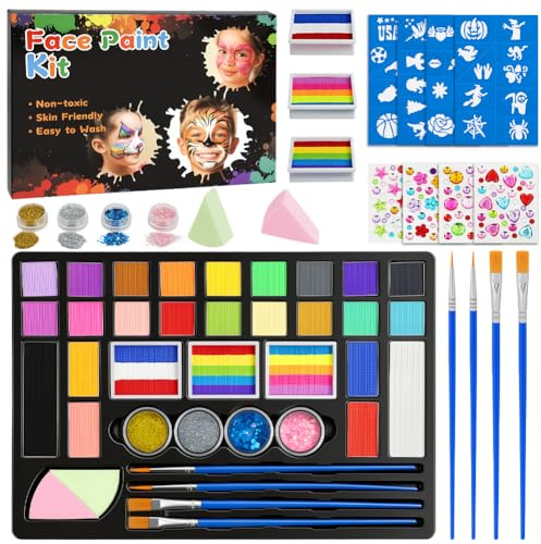 AYBUY Kinderschminke Set, 40 Farben Gesichtsfarben Kinderschminken Mädchen | Schminke Karneval, Kinderschminke Fasching mit 4 Glitzer, Schablonen, Waschbar Face Bodypaint Schminkset Halloween Make-up