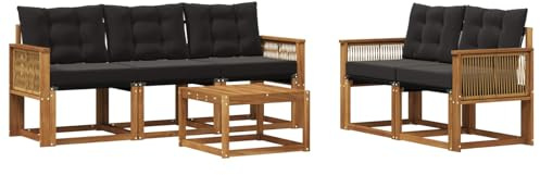 vidaXL Outdoor-Sofagarnitur mit Kissen 6 pcs Natürlich und Schwarz, Gartenmöbel, modernes Ecksofa, langlebige Terrassen-Sitze, stilvolle Lounge für deinen Outdoor-Bereich