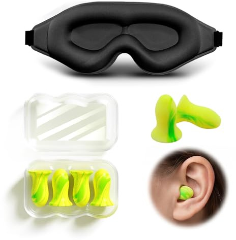 Antifaz para Dormir con 4 Tapones para Oídos, Máscara de Sueño Bloqueo de Luz Total, Tapa Ojos Suave y Ajustable para Hombre y Mujer, Kit de Viaje para Descanso Profundo, Negro