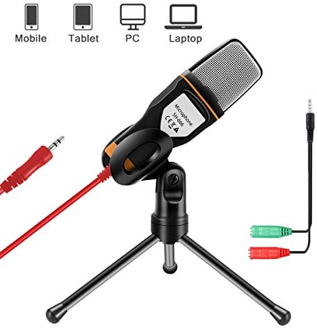 AOBETAK Kondensator Mikrofone mit Ständer für PC und Smartphone, 3,5mm Klinke Gaming Microphone mit 3,5 mm Kopfhörer Splitter, für Loptop iPad,Mac,Handy,Aufnahme,Singen,YouTube,Karaoke,Skype, Schwarz