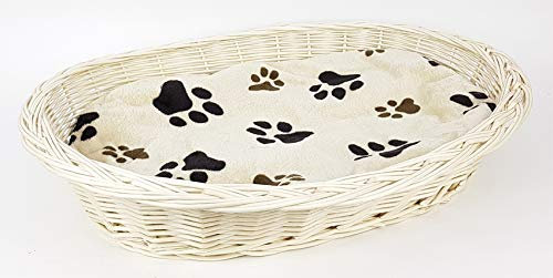 Tigana - Weidenkorb mit Zopfrand Hundekorb aus Vollweide in Weiß 50 cm (+ Kissen in Beige)