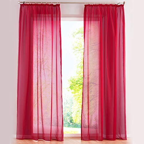 SIMPVALE 2er Set Vorhang durchsichtig Einfarbig Voile-Vorhänge mit Schienenhaken für Gardinen Schlafzimmer Wohnzimmer Balkon, Rot, 140X270 cm