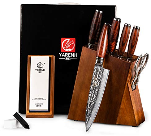 YARENH Messerset mit Holzblock 8 er, Scharfes Küchenmesser aus 73 Schichten Damaststahl, Ergonomischer Holzgriff, Damast Messer Set mit Messerhalter aus Holz, Anspitzer und Schere, HTT-Serie