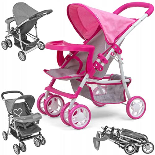 Milly Mally Puppenwagen Kate klappbar, für Mädchen ab 3 Jahren, mit Verdeck, Schaumrädern, Gurten Prestige Pink Rosa
