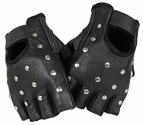 EURO STARS Biker Fingerlose Nieten Lammleder Handschuhe Schwarz, Motorcycle Fingerless Leather Gloves (L, Schwarz)