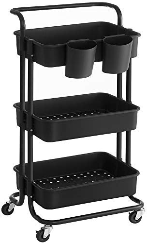 SONGMICS Rollwagen, 3-stöckiger Aufbewahrungswagen mit Griff, 2 kleine Organizer, Stahlrahmen, Kunststoffkörbe, 40 x 33 x 86 cm, Schwarz