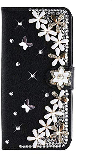 Awenroy Glitter Wallet Case for iPhone 12 Mini Luxury Bling Rhinestones Diamonds Pattern and PU Leather Magnetic Flip Cover with Card Slots Holders Wallet Case - Black