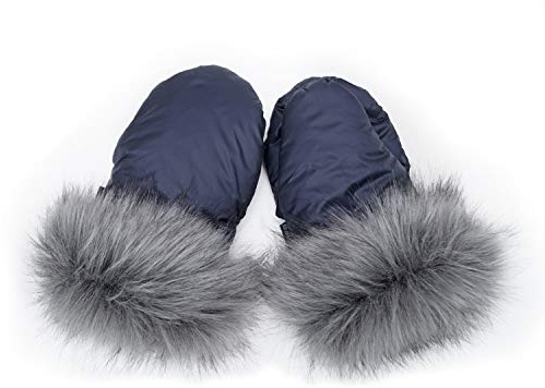 Baby-Joy Kinderwagen-Handschuhe mit Kunstfell, Wetterfeste Handwärmer mit Magnetverschluss, 2 Stück | Farbe: 25 Navy Dunkelblau