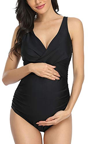EastElegant Maternité Maillots De Bain Une Pièce Grossesse Avant Cross Maillots De Bain avec Bretelles Réglables(Noir,Small)