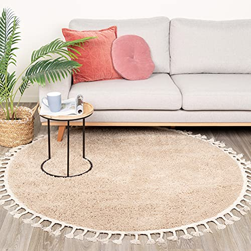 FRAAI | Home & Living Teppich Hochflor Rund - Lofty Fringe Beige - Einfarbig - Boho, Modern, Skandinavisch - Wohnzimmer, Esszimmer, Schlafzimmer - Fellteppich - Carpet