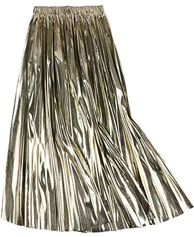 SEMATOMALA Damen Gold Plissee Maxirock Akkordeon Elastische Taille Aline Swing Metallic Glänzend Lange Party Röcke, Gold1, Einheitsgröße