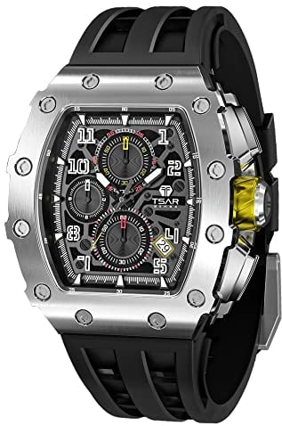TSAR BOMBA Men’s Watch UK Wristwatches for Men 50M Waterproof Watches Men Tonneau Stainless Steel Case Sapphire Glass with Chronograph Date Function Japanese Quartz Movement Gifts Fashion Luxury