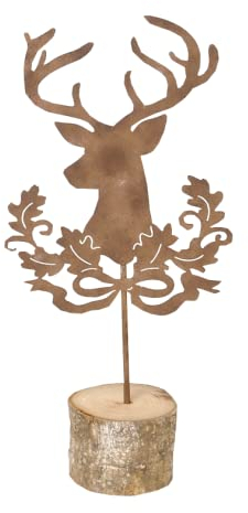 finehomegarden Hirschkopf auf Holzfuß Shabby Chic Metall Natur H27,5cm Weihnachtsdeko Advent