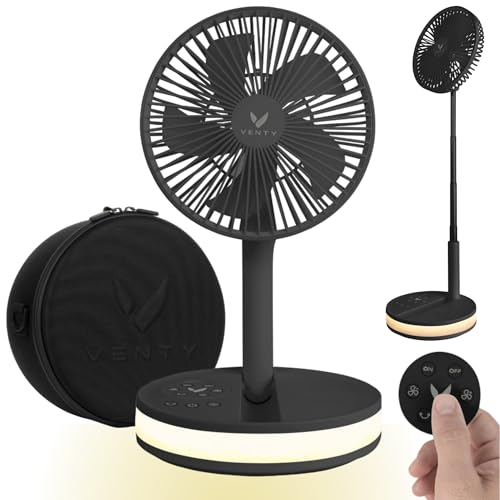 VENTY Portable Fan - Wireless Battery Operated Fan - 4 Speeds - LED Lighting - Carry Case & Remote Control - Cruise Travel - Outdoor Travel RV Power Bank With USB-C Port (Black with Case)