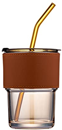 BLUEPOLAR 13oz/400ml Tumbler Water Glass, Cups with Straw and Lid Sealed Carry on for Coffee, Iced Tea, Thick Wall Insulated Glass Cup (Amberwith Protect Sleeve)