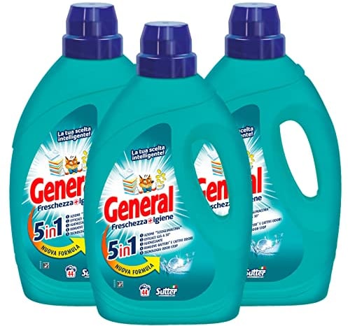 3x detersivo liquido General Freschezza+Igiene 5in1 per Lavatrice 44 Lavaggi - 3 Flaconi da 1,98L ognuno