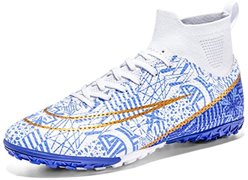 BLBK Botas de fútbol profesionales para hombres y niños, aptas para exteriores, césped artificial, competición, calzado de entrenamiento para niños, Blanco D., 41 EU