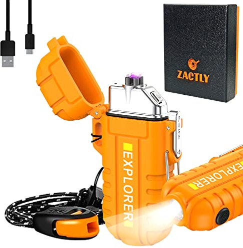 Zactly AL07 Dual Arc Plasma Electric Lighter USB TYPE C Rechargeable Flameless Waterproof Windproof Dustproof with Flashlight, Lanyard & Whistle, Kitchen, Camping, Outdoor Survival Tool (Orange)