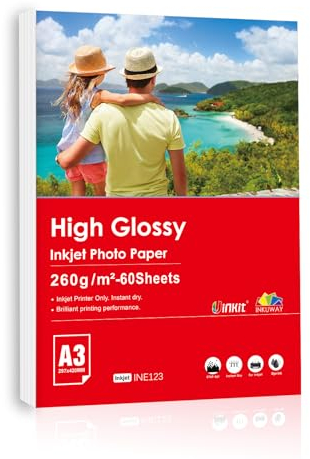 Inkuway A3 Glänzendes Inkjet Fotopapier, dickes, 260g/m², 60 Blatt, Premium Glänzend, Sofort Trocken, Wasserfest, für Tintenstrahldrucker, Kartendruck, Fotodruck, DIY-Drucke