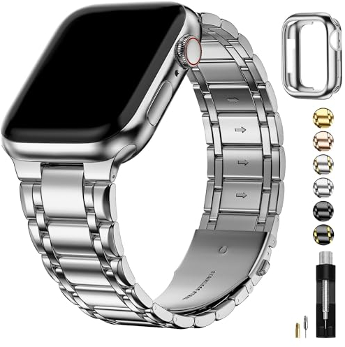 Fullmosa Compatible con Apple Watch Correas 46mm 45mm 44mm 42mm 49mm 40mm 41mm 38mm,Acero inoxidable Correas de Repuesto iWatch con Funda TPU para SE/Series 10 9 8 7 6 5 4 3 2 1, Plata