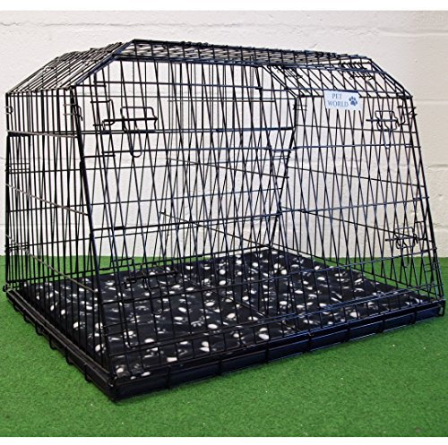 Pet World Large 38 Sloped Car Dog Crate – Registered Fit for Estate & 4x4 Boots – UK Designed, High Carbon Steel Travel Cage – Emergency Top Escape – Folds Flat – Free Comfort Mat – Easy Assembly