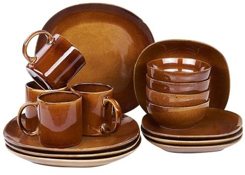 Tafelservice für 4 Personen Steinzeug braun 16-teilig Geschirrset Retro Turmeric