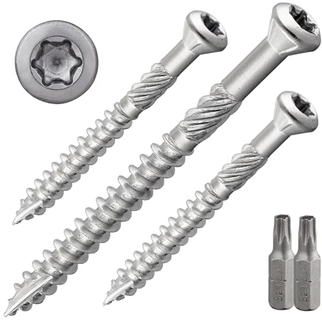 Terrassenschraube mit Zierkopf und TX-Antrieb | gehärteter Edelstahl C1 | inkl. 1 x S2-Bit | Schaftfräser + Cutspitze | unterkopfverstärkt mit Fräsrippen | mit ETA-Zulassung | 5 x 80 mm, 200 Stück