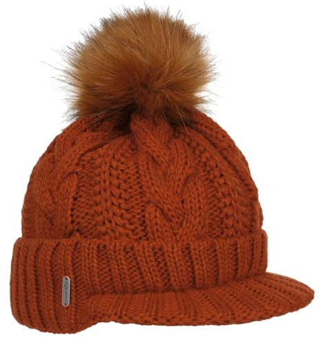 McBURN Britta Cable Knit Peak Pull On Mütze Bommelmütze Wintermütze Strickmütze Damen - Made in Italy mit Schirm, Futter, Futter Winter Herbst-Winter - One Size rost