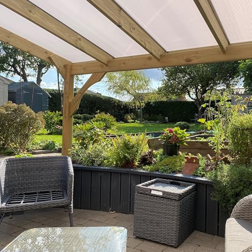 Rutland County Garden Furniture Wooden Pergola Canopy Outdoor Rain Shelter Polycarbonate Roof Pergola Gazebo Carport - 3 Post - Light Green Timber (3.5m x 5.06m, Clear Sheets/Brown Bars)