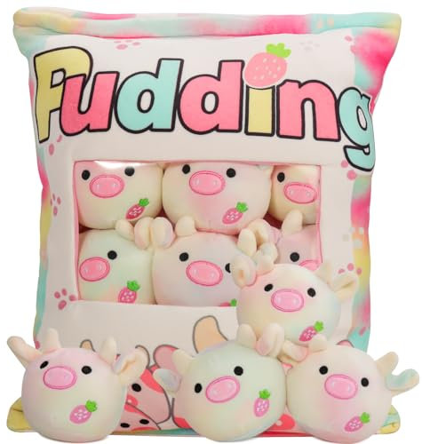 GDGZT Erdbeer Kuh Plüsch Kissen, abnehmbares Spielzeug, Pudding Kuh Kissen, Tasche mit Erdbeerkuh Plüsch, niedliche Kuh Dekoration Geschenk für Jugendliche, Mädchen, Kinder (6 Erdbeer Kuh)