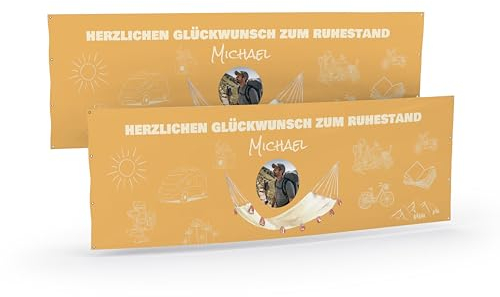 Ruhestand Banner selbst gestalten mit Foto und Text I Geschenk zum Renteneintritt (50cm x 150cm) personalisiert für Männer und Frauen I Fahne selbst gestalten