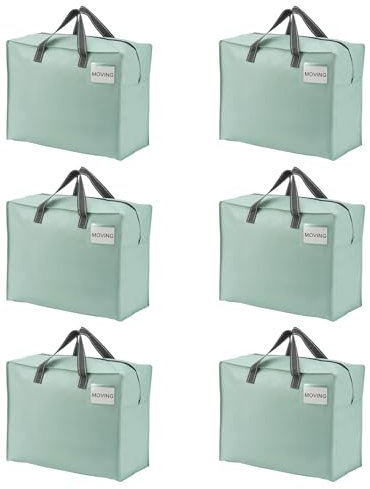 VENO 6 Pack 50L Large Storage Bags, Duvet Storage Bag King Size for Moving, Underbed Storage Bags for Bedding, Laundry Packing Boxes Clothes, Duvets, Blankets (50L Light Green, 6 Pack)
