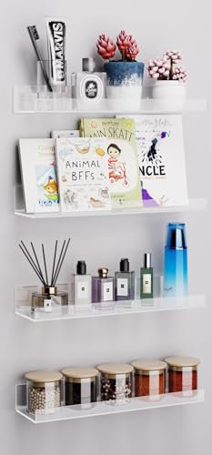 Viymgit 4 Pack Acrylic Shelves, Self-Adhesive 15 Floating Shelf Wall Mount for Home Organization & Wall Decor, Display Ledge Shelves for Bathroom, Living Room, Bedroom, and Kitchen