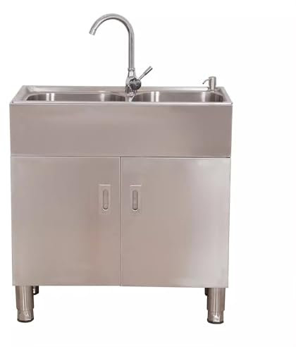 Fregadero Comercial De Acero Inoxidable 304 De Doble Cubeta Con Mueble, Fregadero De Lavandería Con Grifo Manguera Y Válvula Angular Adecuado Para Viviendas, Garajes