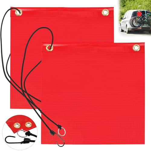 2 Stück Rote Warnflagge 30x30cm Nach Stvo für Überlänge - Fahne für Anhänger, Transport, Fahrradanhänger, Boot, Auto Mit Gummiseil und Kupferschnallen (2)