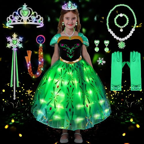 COYBTO Prinzessin Kleid Mädchen, LED Leuchtendes Kostüm mit LED Krone Zauberstab Set, Faschingskostüme Kinder, Prinzessin Kostüm Mädchen für Karneval Cosplay Noël