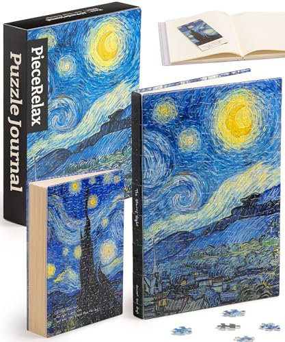 PieceRelax Puzzle Buchumschlag Van Gogh - The Starry Night [YA1063], A5 Liniertes Notizbuch, Transparente Buchhülle, Stifthalter, Lesezeichen, 329 Teile